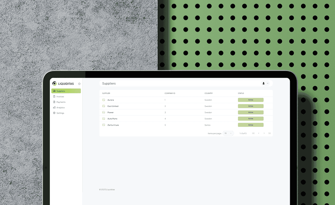 Liquiditas platform: supplier list view shown on a tablet