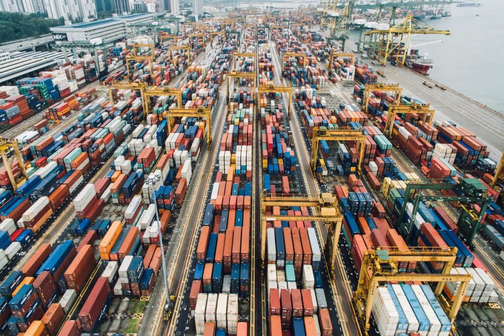 Aerial view of a shipping port